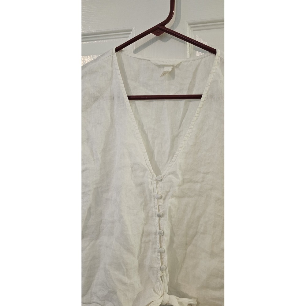 H&M LINEN-BLEND TIE-HEM BLOUSE CROPPED CROP TOP WHITE Size UK 12 - US Small - Picture 7 of 8